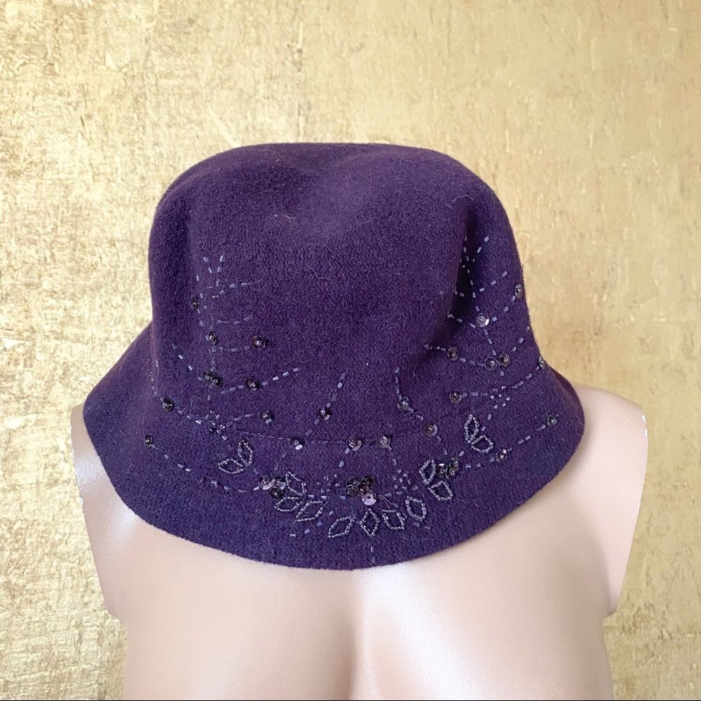 Purple  beaded embroidered wool poly bucket hat - Picture 1 of 3